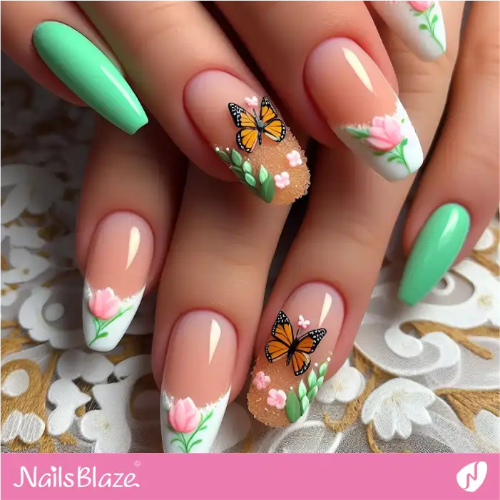 Embellished Peach Fuzz and Green Nails with Butterfly | Color of the Year 2024 - NB1802